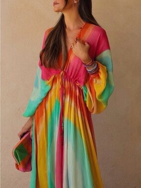 ZARA Rainbow Tie Dye Dress Beading M/L Maxi Limited Edition Drawstring 7521